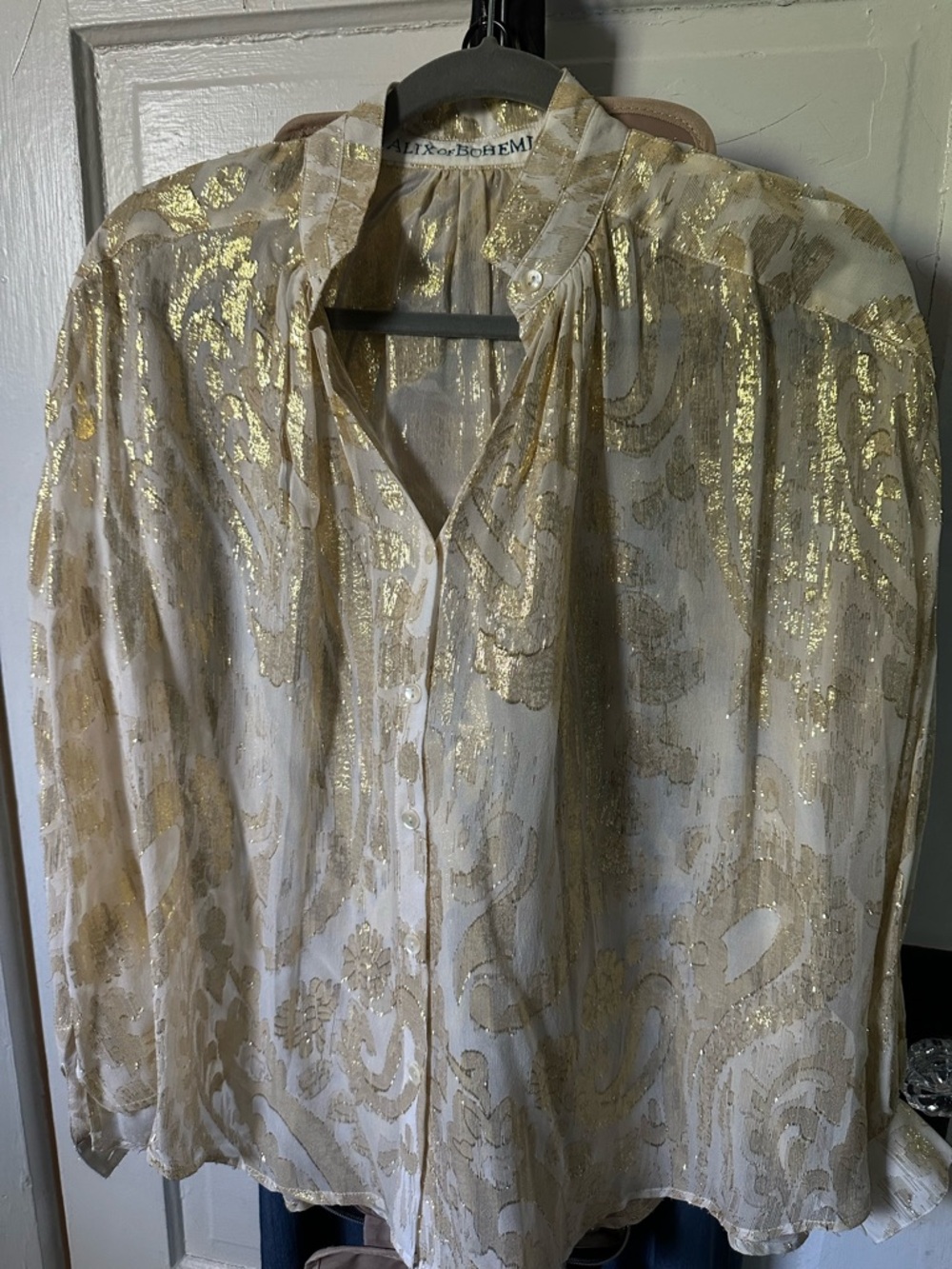 Alix Of Bohemia White and Gold Metallic Paisley Button-Front Blouse